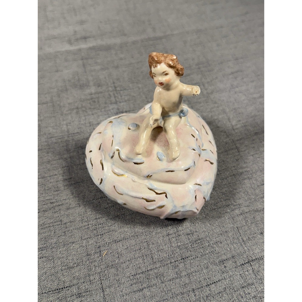 Vintage Ceramic Heart Cherub Trinket Box Pink Gold Mid Century 4"